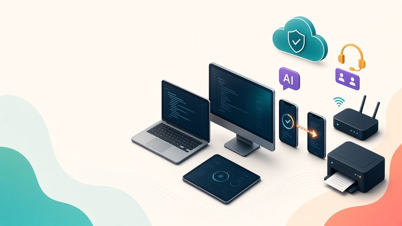Illustratie van laptop, computer, tablet, telefoons, router en printer waar ITHulpJP je mee helpt