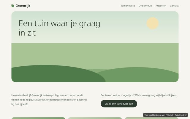 Voorbeeldontwerp: website voor Hoveniersbedrijf Groenrijk (rustig en beeldgericht)