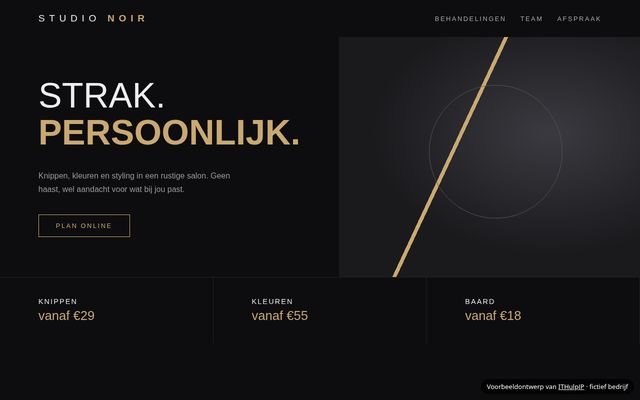 Voorbeeldontwerp: website voor Kapsalon Studio Noir (modern, strak en donker)